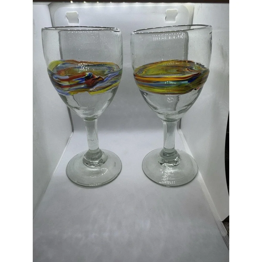VTG Handblown Mexican Recycled Glass Wine Goblets Set of 2 – Confetti Band